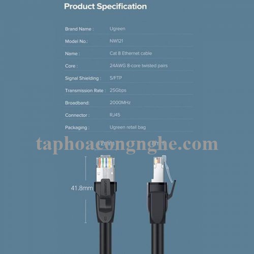 Ugreen 70172 5M CAT8 màu đen 24AWG S/FTP cáp mạng 2000Mhz bọc chống nhiễu NW121 30070172